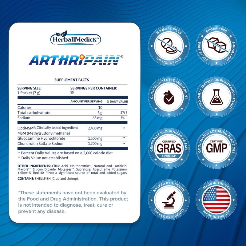 Arthripain – One a Day Cartilage Repair Supplement – Clinically Tested Joint Juice for Joint Relief Support – Glucosamine Chondroitin MSM – Swollen Knee Treatment – Sugar-Free – Made in USA