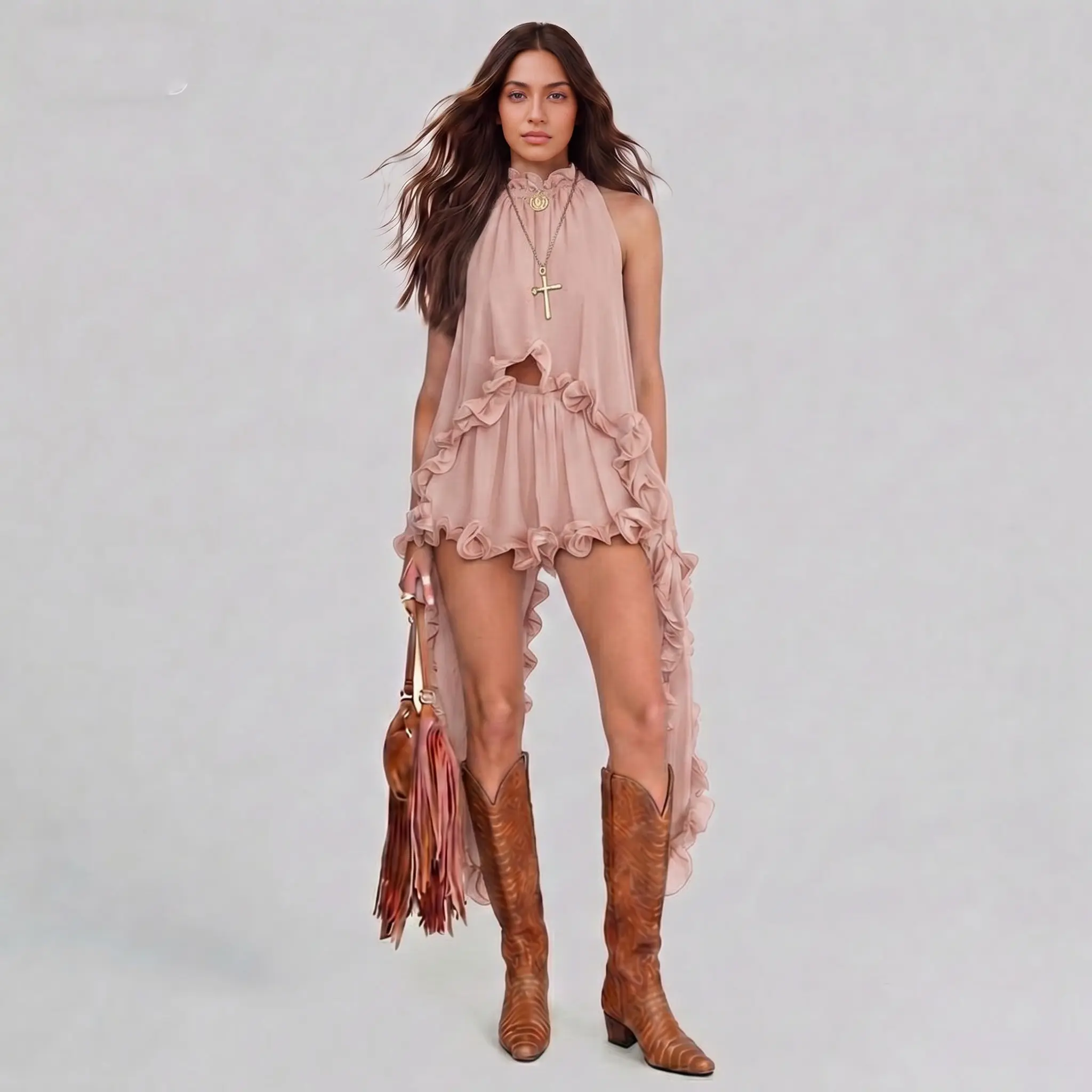 LikeMyChoice 2026 Sexy Western Boho Print Matching Set | Halter Cut-Out Crop Top & High-Slit Maxi Skirt Tribal Aztec Aesthetic Two-Piece Festival Outfit | Summer Vacation Beachwear