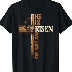 Youth and adult Easter Cross He Is Risen Jesus Christian Men Women T-Shirt, Unisex Crewneck Menswear and Womenswear
