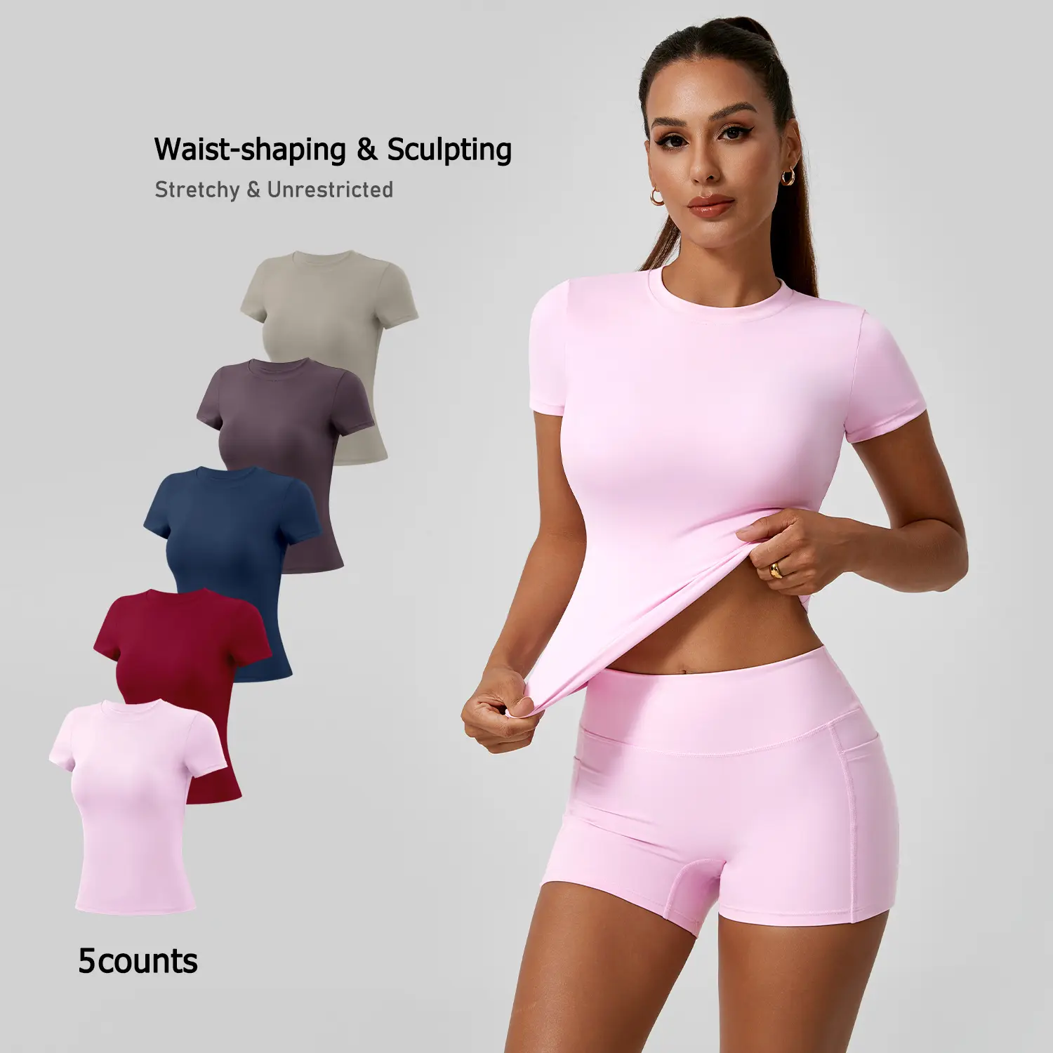 TimeOFF 5-Piece Solid Sports Tee Set Round Neck Slim Stretchy Ideal for Yoga Gym Workouts Women's Athletic Wear Sporty Style Clothes gym shirts workout tops oversized gym shirts Fitness Outfit,summerwins,travel essentials,camping essentials