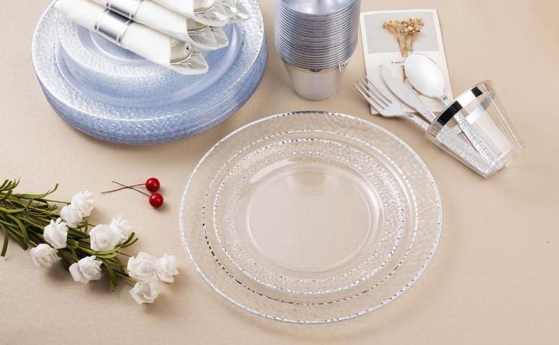 Premium 350PCS Silver Rim Party Tableware Set, Elegant Clear Plastic Plates Cups & Napkins, BPA-Free for Weddings, Parties & Anniversaries