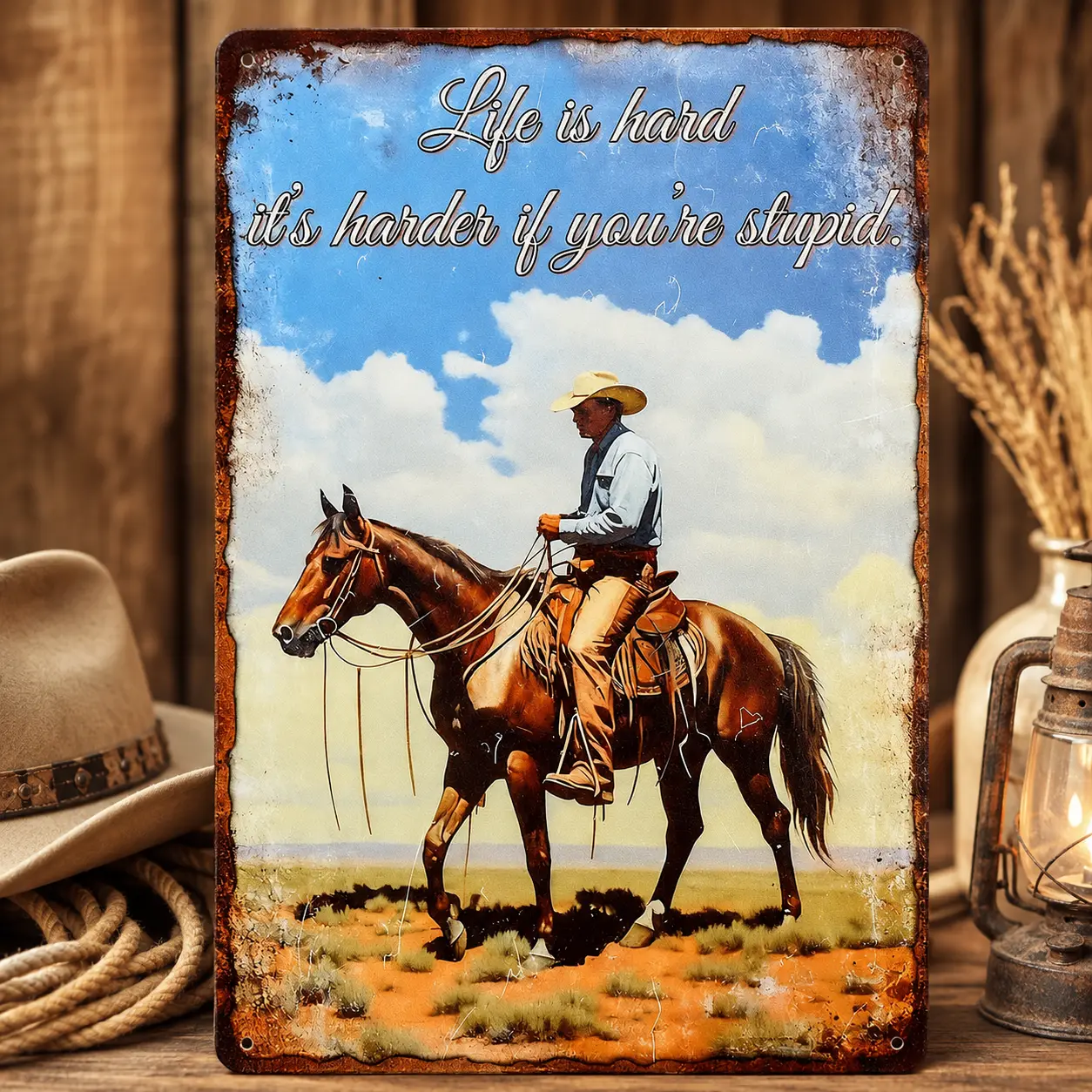 8x12 Inch Life Is Hard Aluminum Metal Sign, Funny Cowboy Horse Western Wall Decor, Vintage Rustic Ranch Sign for Home, Garage, Man Cave, Farmhouse, Bar, Office & Cowboy Gift
