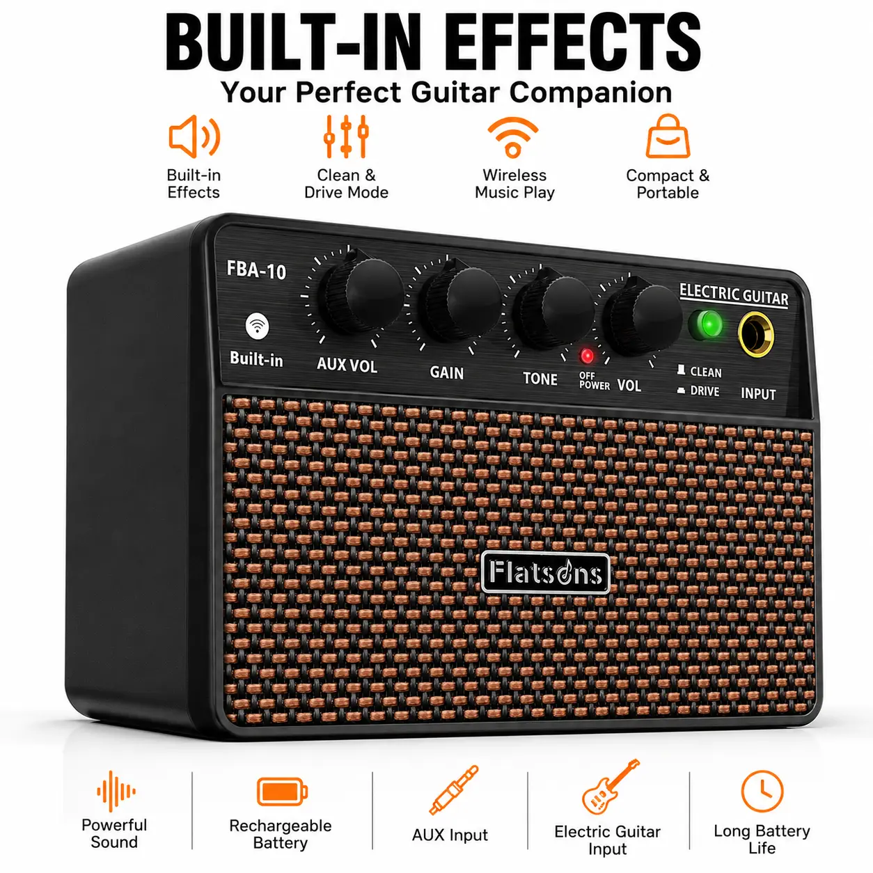Flatsons FBA-10 10W Vintage Mini Electric Guitar Amplifier - 3.5mm Headphone/AUX Jacks, Clean/Distortion Channel, USB-C Rechargeable Built-in Li-ion, Wireless Portable Audio Speaker for Indoor Practice, Travel, Music Lovers Gift