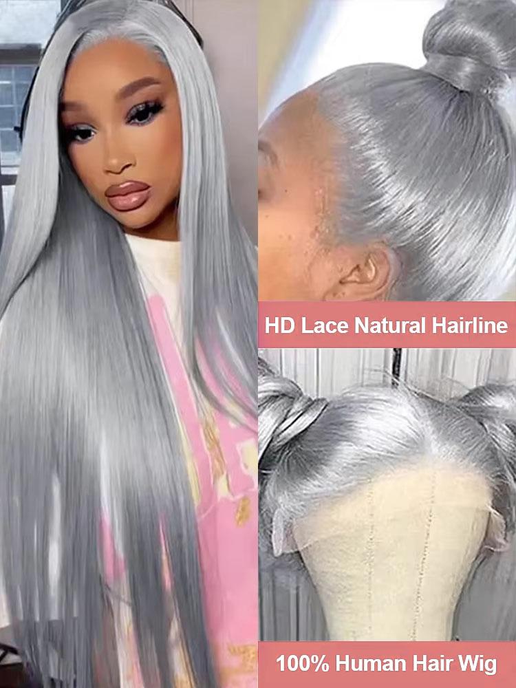 180% Density Silver Grey Straight Human Hair Wig For Women 13x4 13x6 Lace Frontal Wig Real Brazilian Human Hair Wig Eye-catching Hair In Summer Lace Front Wig 180% Density Silver Grey Straight Human Hair Wig For Women 13x4 13x6 Lace Frontal Wig Real Brazilian Human Hair Wig Eye-catching Hair In Summer Lace Front Wig