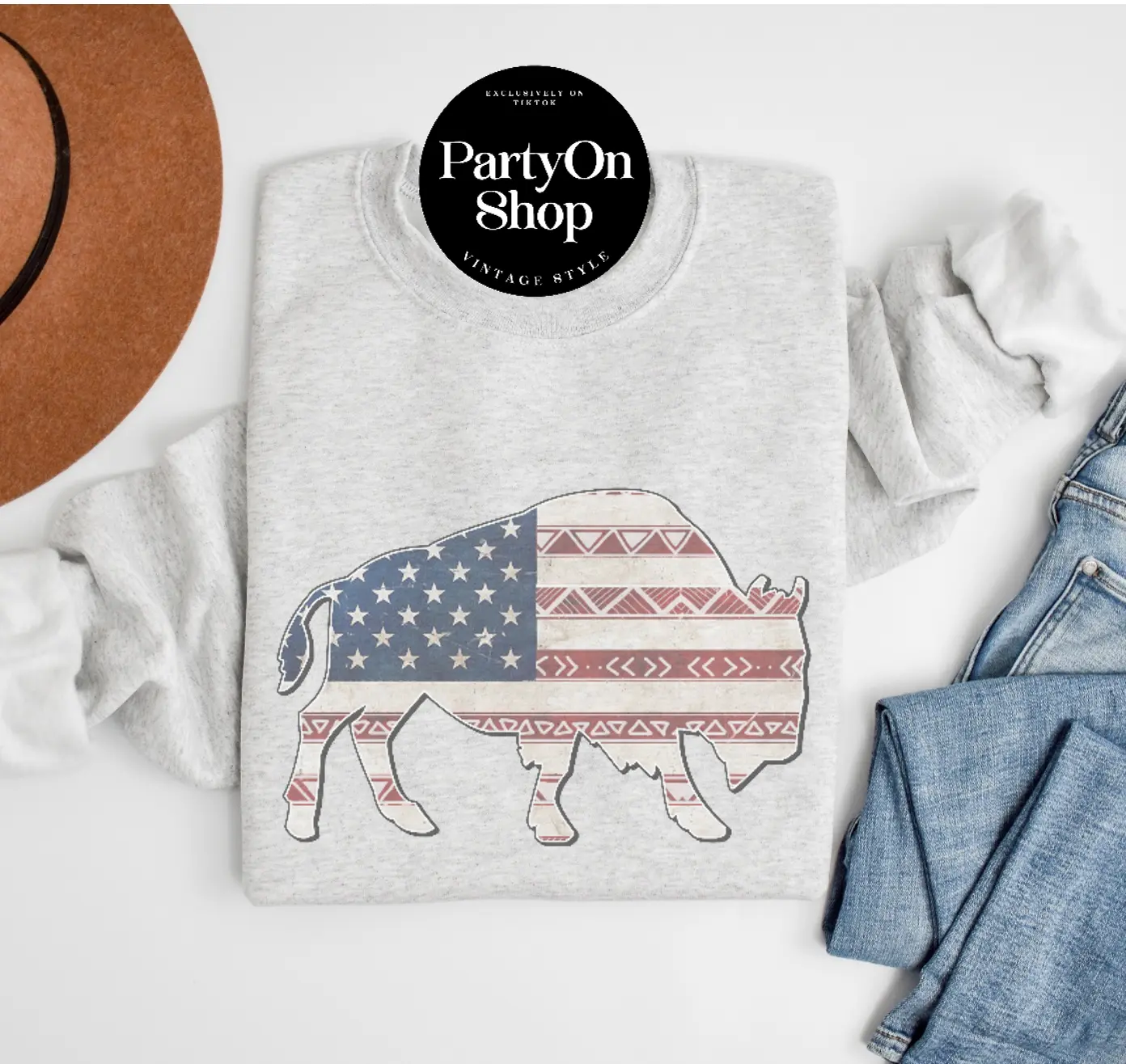 Vintage Western USA Sweatshirt Retro BOHO Flag Bison Pullover Buffalo American Flag Sweater Vintage Sublimation Print Casual Crewneck Flag Sweatshirt USA Pullover