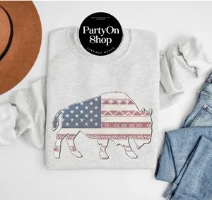 Vintage Western USA Sweatshirt Retro BOHO Flag Bison Pullover Buffalo American Flag Sweater Vintage Sublimation Print Casual Crewneck Flag Sweatshirt USA Pullover