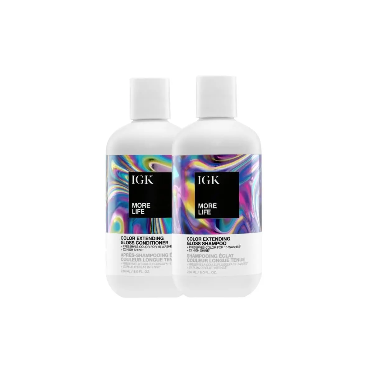 IGK Hair More Life Shampoo & Conditioner Duo - Color Preserving Gloss Infused Set for Vibrancy & UV Protection - Clinically Proven for Up to 15 Washes
