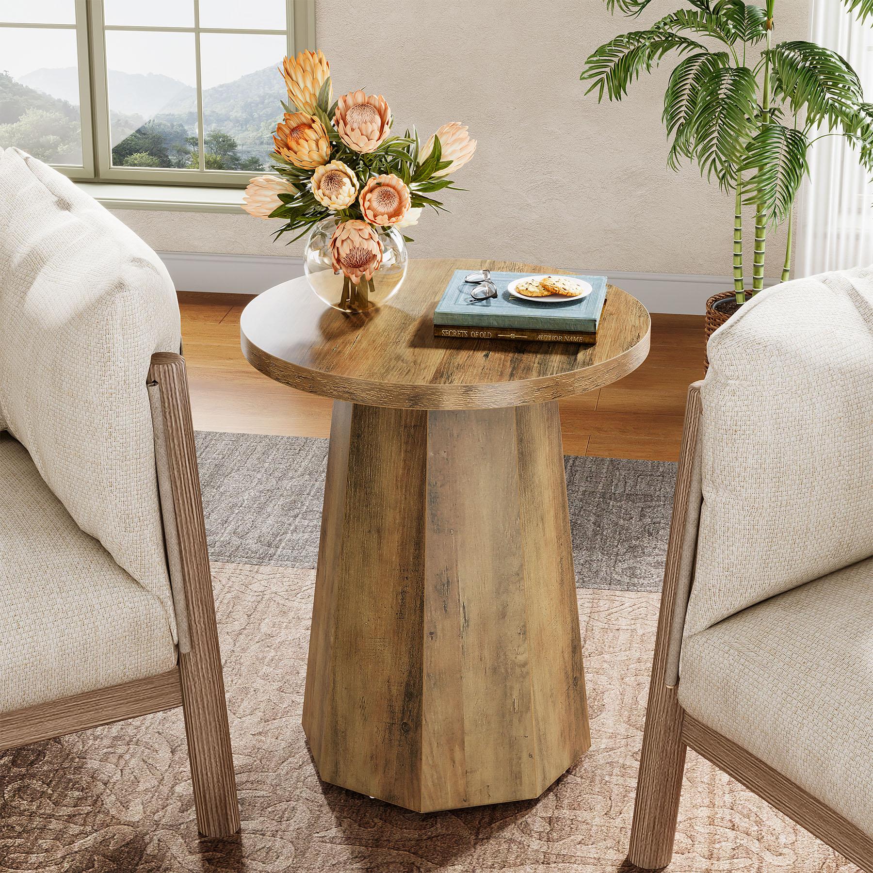 LITTLE TREE Farmhouse Round End Table, Wooden Couch Side Table with Octagonal Base, Rustic Brown Nightstand Pedestal Accent Furniture for Living Room, Bedroom LITTLE TREE Farmhouse Round End Table, Wooden Couch Side Table with Octagonal Base, Rustic Brown Nightstand Pedestal Accent Furniture for Living Room, Bedroom