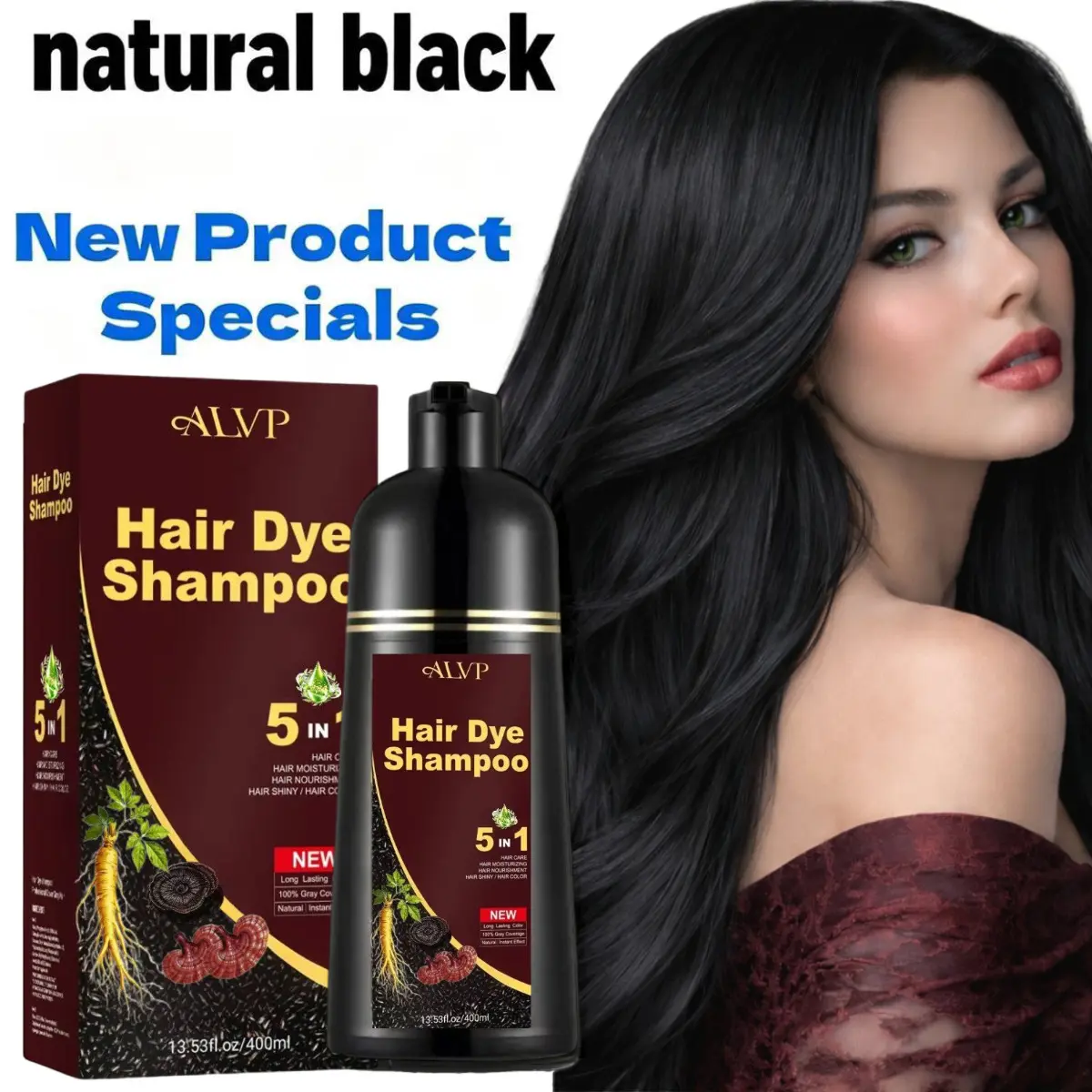 ALVP 5-in-1 Herbal Color Shampoo, Haircare Cleanser & Conditioner with Ginseng for Men & Women - Smooth Gray Coverage, Long-Lasting Color, Scalp Nourishing