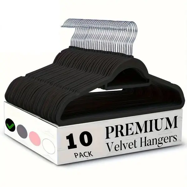 10-Pack Ultra Slim Heavy-Duty Velvet Bulk Hangers - Plastic Home Organizer with Sturdy ABS Non-Slip J-Hook, Rustproof Hook, 360° Swivels, Tie Racks, Space-Saving for Jumpers, No Shedding, Easy Hanging, Back To School