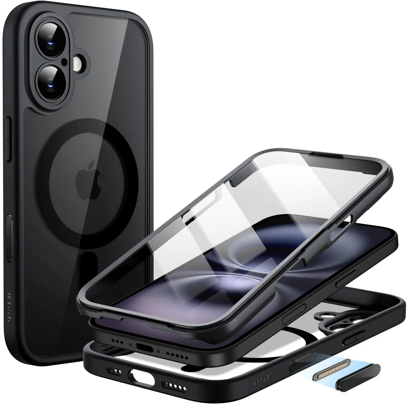 JETech 360-Degree Full Body Smartphone Case for iPhone 16 Series - Mobile Phone Accessories with Built-in Tempered Glass Screen Protector, Camera Control Button, MagSafe Compatibility
