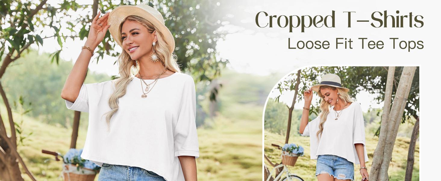 Imily Bela Womens Oversized T-Shirts Cropped Summer Casual Short Sleeve Loose Fit Tee Tops