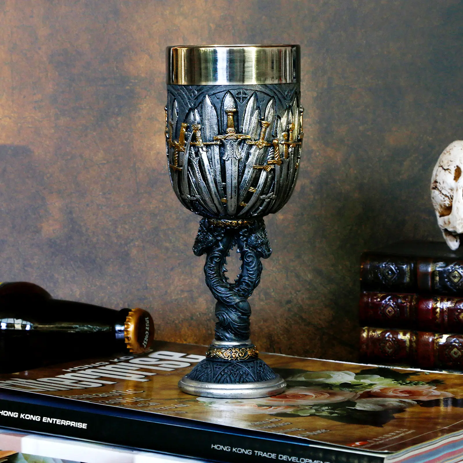 alikiki Medieval Swords Dragon Wine Goblet - GOT D&D Game Chalice of Merchandise - 7oz Stainless Steel Drinking Cup - Fantasy Dungeons and Dragons Party Gifts for Birthday Men Women