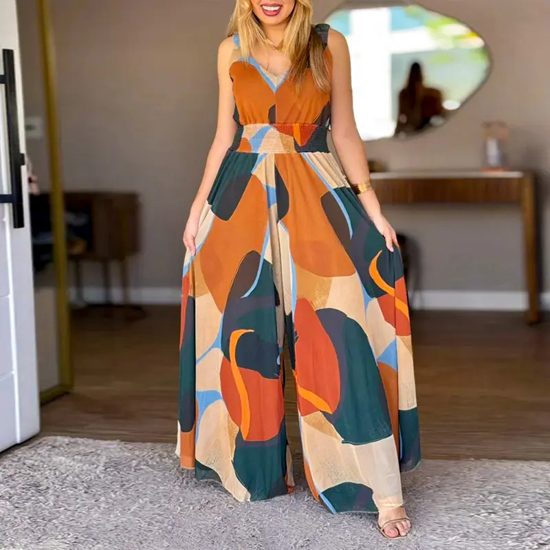 CHICME Women's Abstract Print V-Neck Stretchy Thick Straps High Waist Backless Overalls Casual Shirred Waist Cinched Waist Wide Leg Jumpsuit