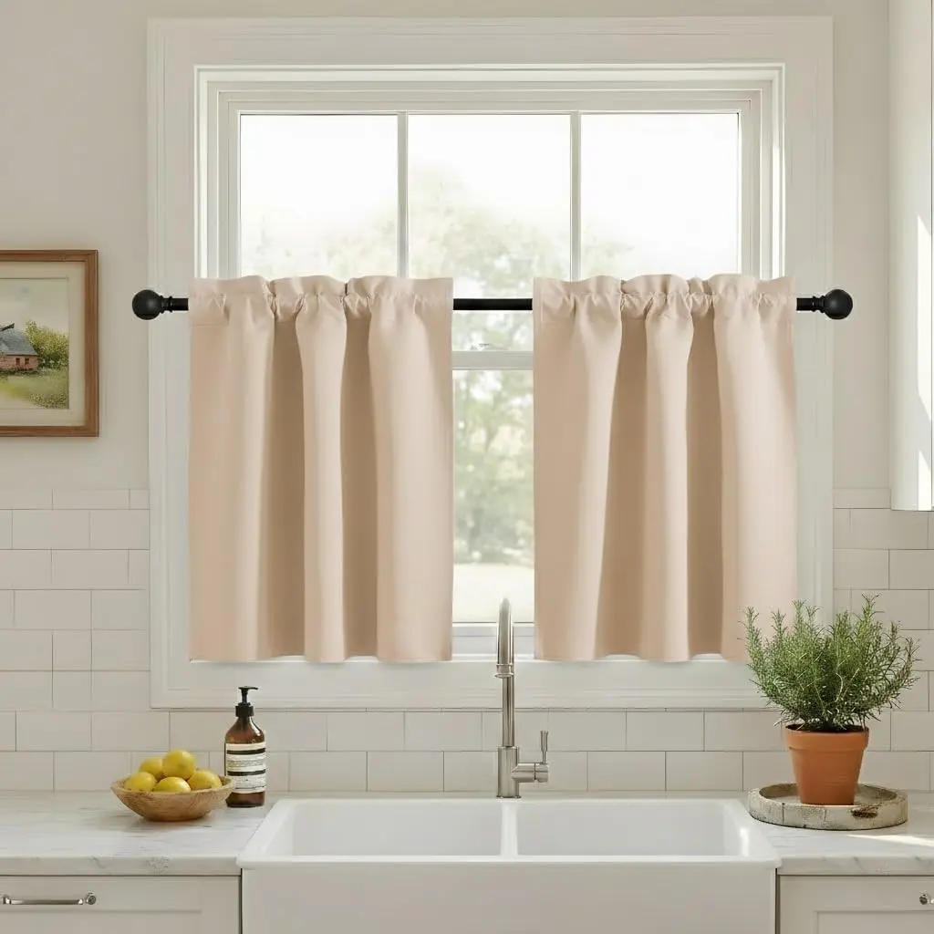 NICETOWN Beige Fabric Curtain Panels - Farmhouse Blackout Privacy Pleated Small Window Hanging Tiers, 1 Pair (W34 x L36 in), Home Decoration Curtain for Kitchen, Office, Bathroom, Beige Fabric Curtains