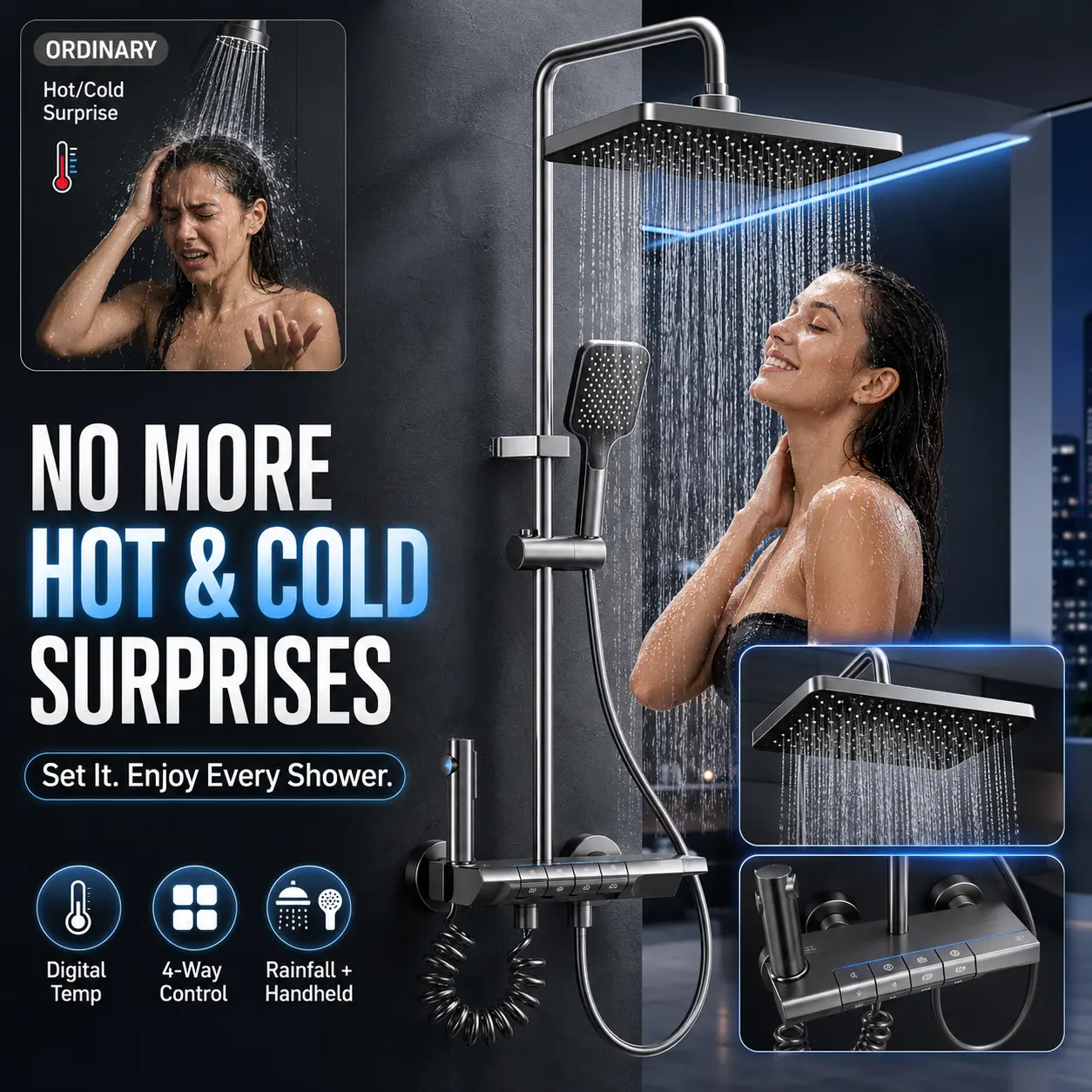 Gunmetal Thermostatic Shower Faucet Set with LED Digital Temperature Display, 4 Function Piano Key Control Valve, Rain Shower Head, Handheld Sprayer, Bathtub Spout, Toilet Rinse Spray, Stable Temperature Bathroom Shower Kit