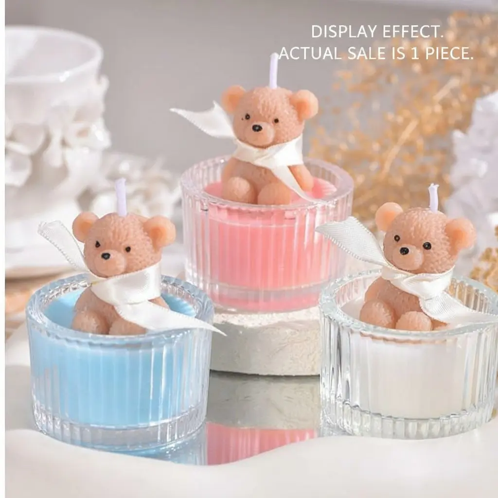 1pc Teddy Bear Glass Jar Candle, Scented Candles, Cream Color Soy Wax with Ribbon, Aromatherapy Decorative Home Decor, Unique Women Teen Birthday Gift, Cute Bridal Shower Present