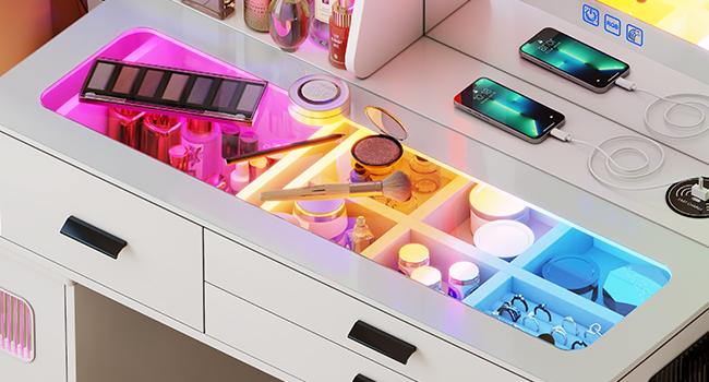 Miu Vanity Set with 7-Color RGB Lights, Wireless Charging, HD Mirror, 8-Drawer Chest & Big Storage Furniture Organizing - Modern Design Adjustable Brightness