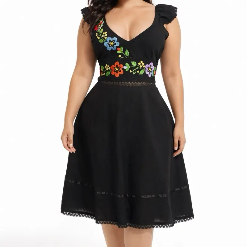 green emerald velvet dress Handmade Women's Navy Blue Sunflower Embroidered Mexican Dress main image 0