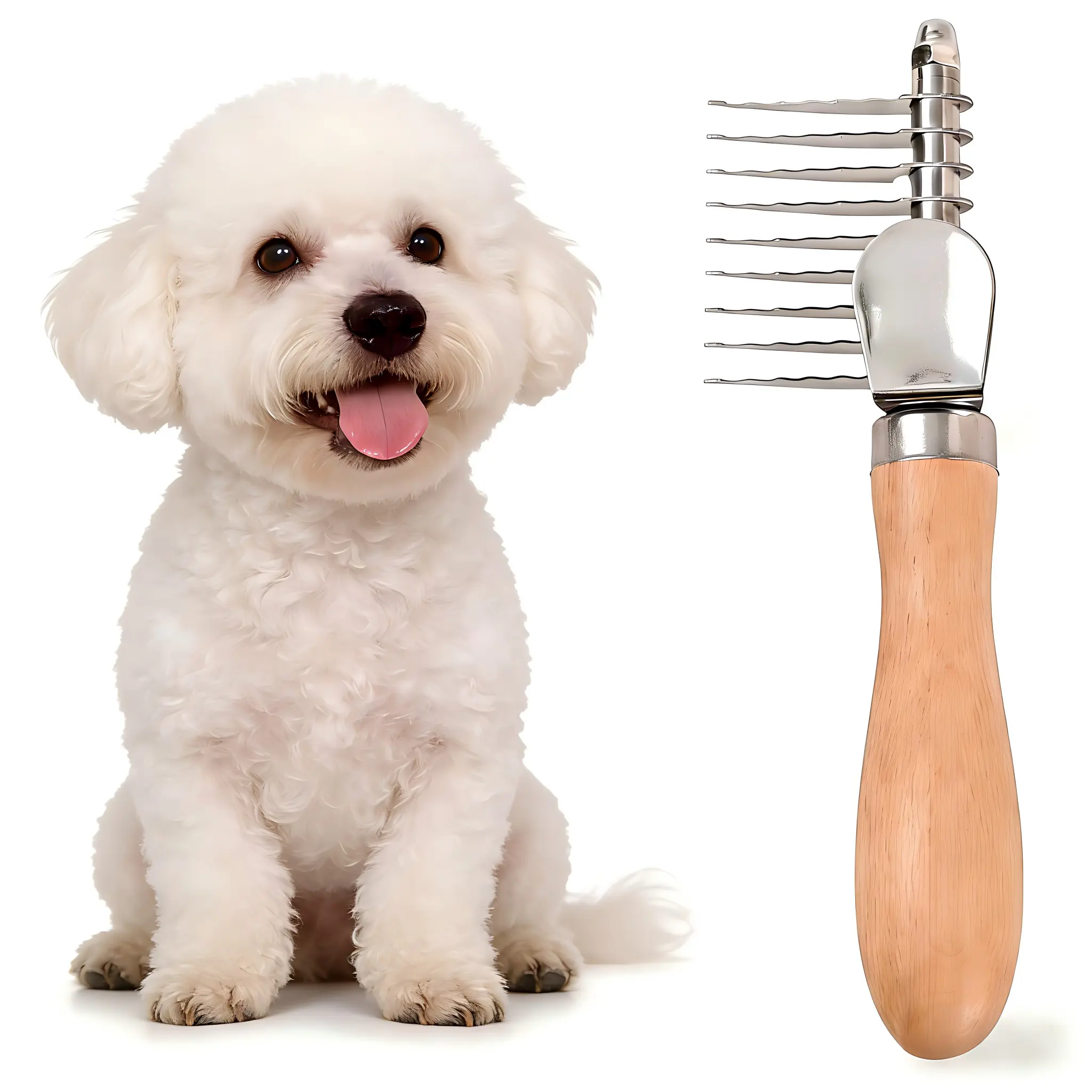 Stainless Steel Pet Dematting Comb - Ergonomic Anti-Slip Ergo Grip Handle, 9 Serrated Round Teeth, Steady Control, Reduces Hand Strain, Dense Mat Removal, Fur De-Tangling, Coat Fluffing, Ideal for Long-Haired Dogs, Resists Daily Wear, 9 Serrated Teeth Tac