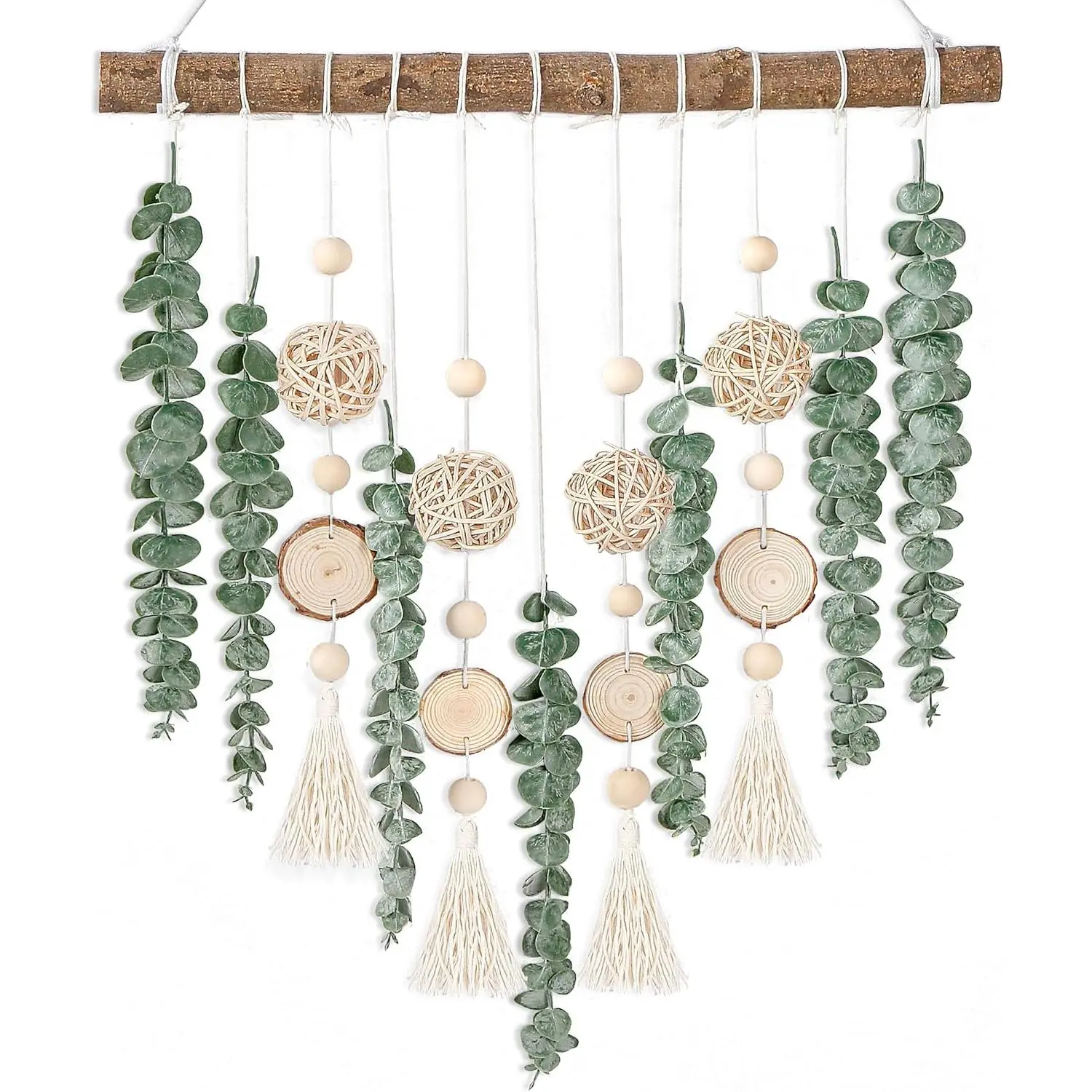 21-in Sturdy Artificial Eucalyptus Round Hanging Plant - Hangable Wall Hanging Decor with Wooden Stick, Hand Hook, Balls, Nail - Boho Tropical Accent for Flower Arrangements, Interior Decor