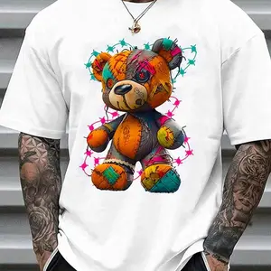 Men's Cartoon Bear Print Round Neck Tee, Regular Fit Casual Fashion Short Sleeve T-shirt for Summer, Men's Top for Daily Wear