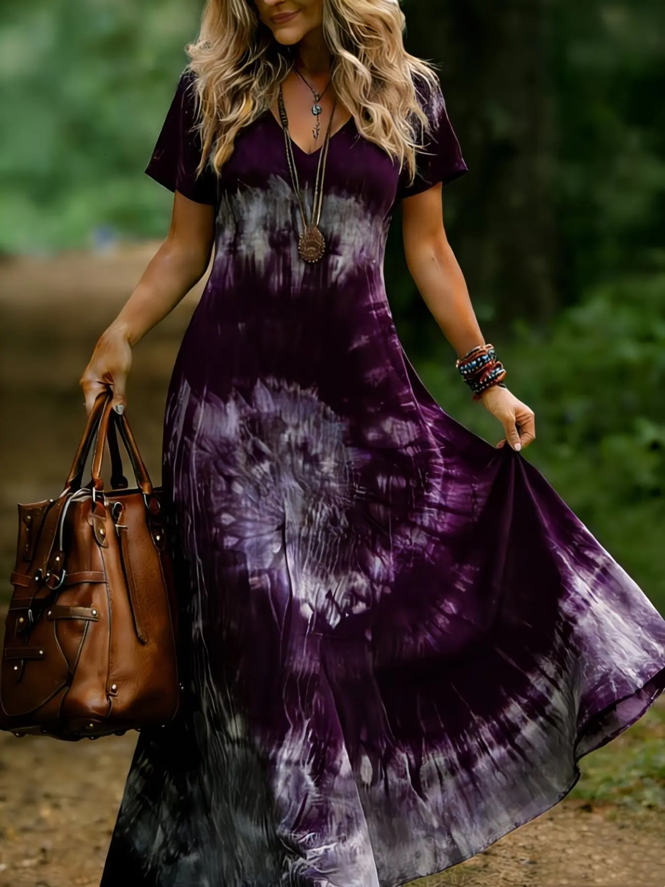 Plus Size Tie-Dye V-Neck Short-Sleeve Maxi Dress Casual Loose Fit, Y2K Clothes Summer Daily Wear, Bohemian Dresses, Casual Boho Fashion, Party Casual Wear