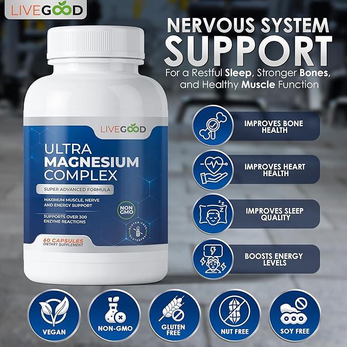 LiveGood Ultra Magnesium Complex | Organic Magnesium Glycinate and Gluconate for Muscle Recovery, Nerve Support & Relief – High Absorption Supplement, Vegan, Non-GMO, Made in USA, 60 Capsules