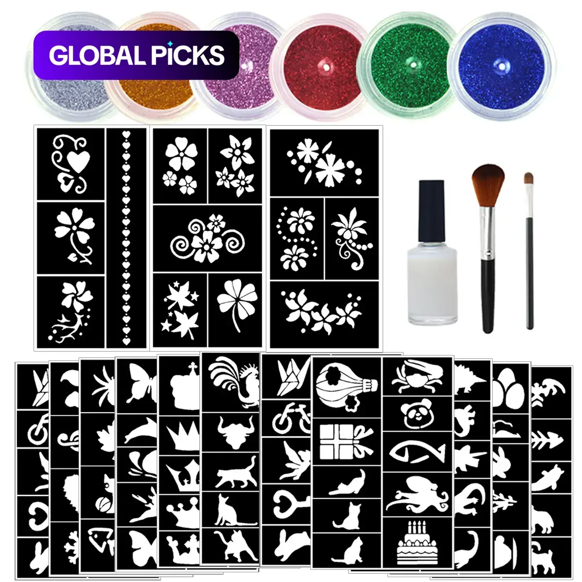 Temporary Glitter Tattoo Kit with 6 Glitter Tattoo Colors, 14 Unique Stencils, 1 Glue and 2 Brushes, Body Art Painting Tool for Women and Girls, Sparkly Shimmer, Leg Body Makeup, Iridescent Luminous Shimmer Body Makeup #GLOBAL PICKS