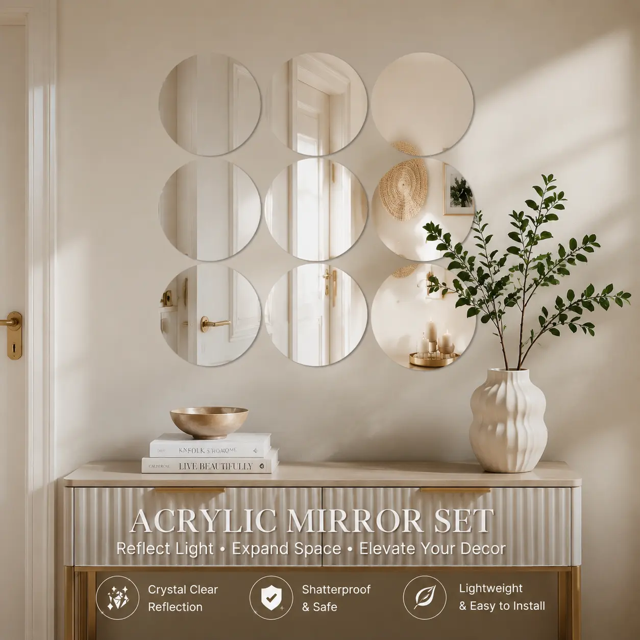 Smooth Floral Christmas Acrylic Mirrors Set - 12/18-Piece 12in Round Reflective, 2mm-Thick Shatter-Resistant Wall Decor Sconces with 2 Mini Holders for Home Decor