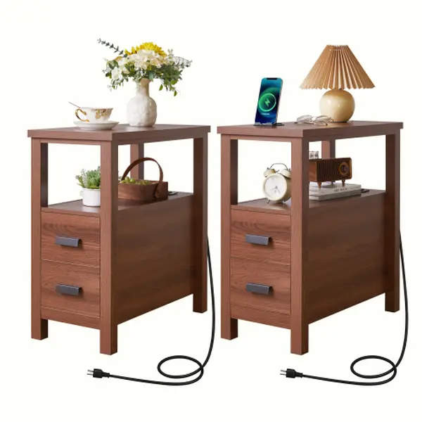 End Table with Charging Station,Side Tables with USB Ports & Outlets,Side Table with 2 Drawers, Small Wood Bedside Table, Small Rustic Side Table, Modern End Table with Drawer- W5368P523787