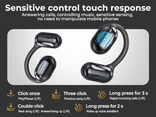 MINISO OWS Open Bluetooth Earphones HIFI Sound Quality Music Wireless Earphones Gaming Low Latency Wireless Earphones IPX5 Waterproof OWS Earphones Comfortable to Wear Earbuds Touch Control Compatible with All Mobile Phones