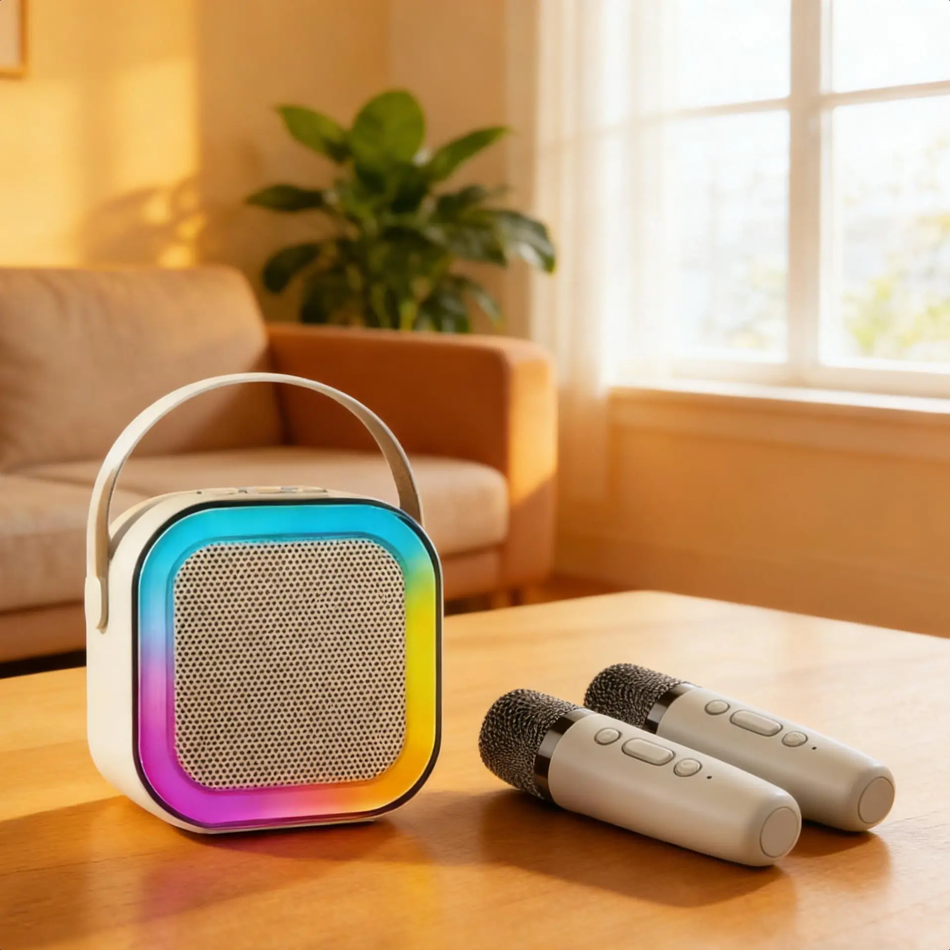 Portable Bluetooth Karaoke Speaker with 2 Dual Wireless Mics, LED Party Glow Nightlight, Subwoofer, IPX4 Waterproof, Natural Sound, Compact Design - USB-Enabled, Ideal for Halloween Gifts, Birthdays, Ramadan Decorations, Outdoor Use