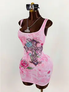 Amplova Women's Slim Fit Cross Print Crew Neck Sleeveless Mini Dress For Summer,Boho Clothes Women