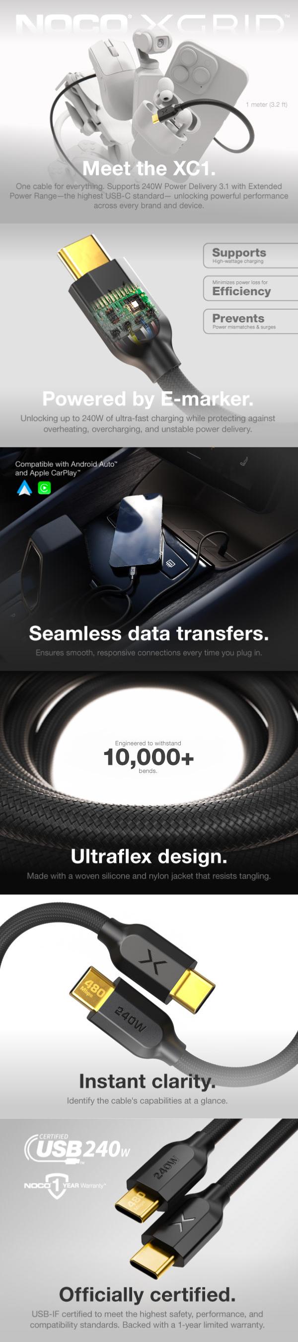 NOCO XGrid XC1: 240W USB-C to USB-C Cable – USB-IF Certified, E-Marker Chip, 480Mbps Data – 3 Foot