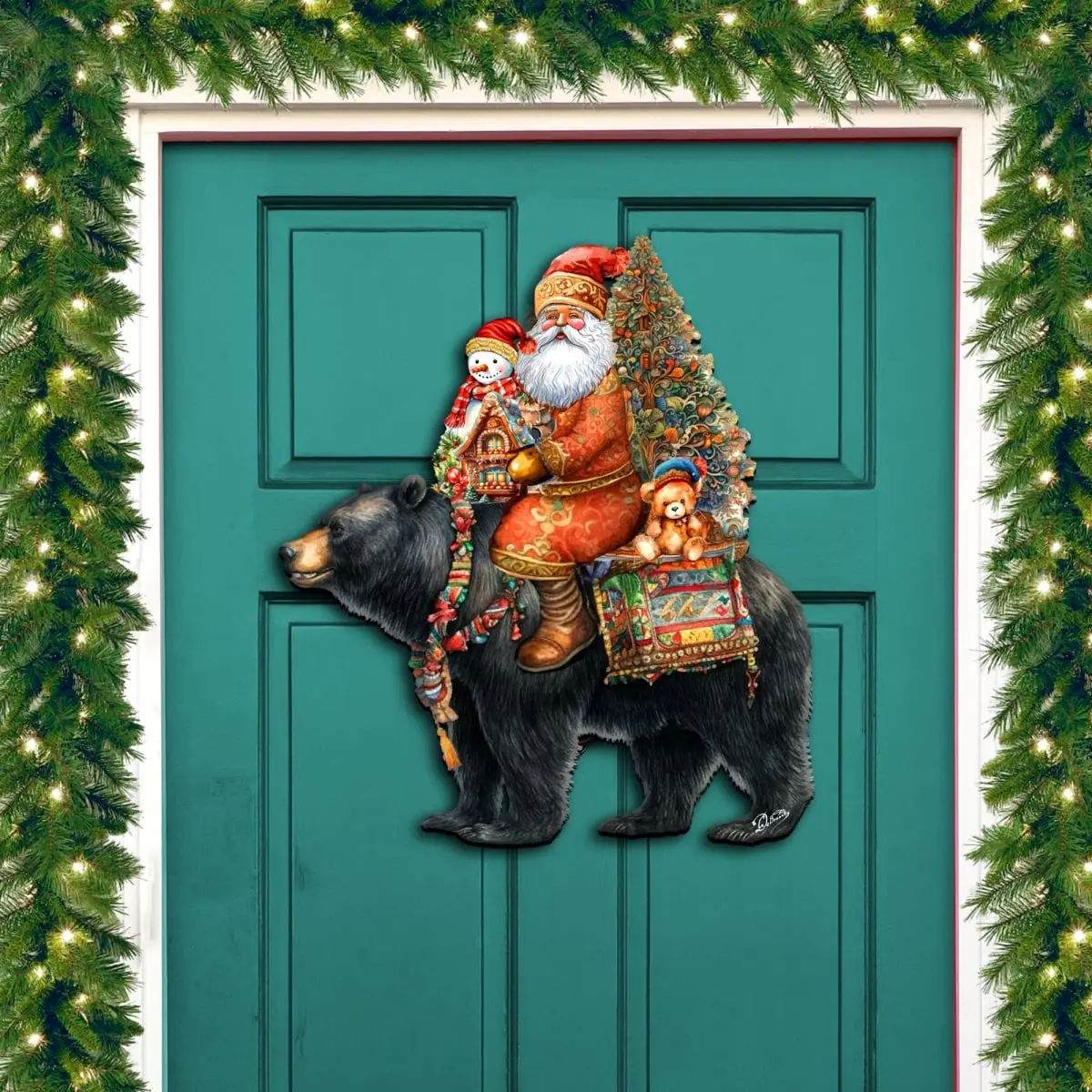 Designocracy 8611064H 24 x 18 in. Santa Claus & Black Bear Friend Holiday Christmas Santa Snowman Door Decor