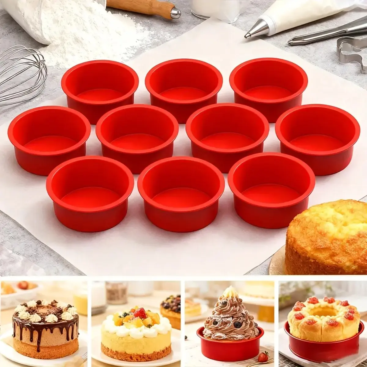10-Piece Food Grade Silicone Bakery Molds Set - 4-Inch Round Mini Cake Pans, Non-Stick for Cheesecake, Desserts, Baking, Cheesecake Minis, 10 Mini Pans