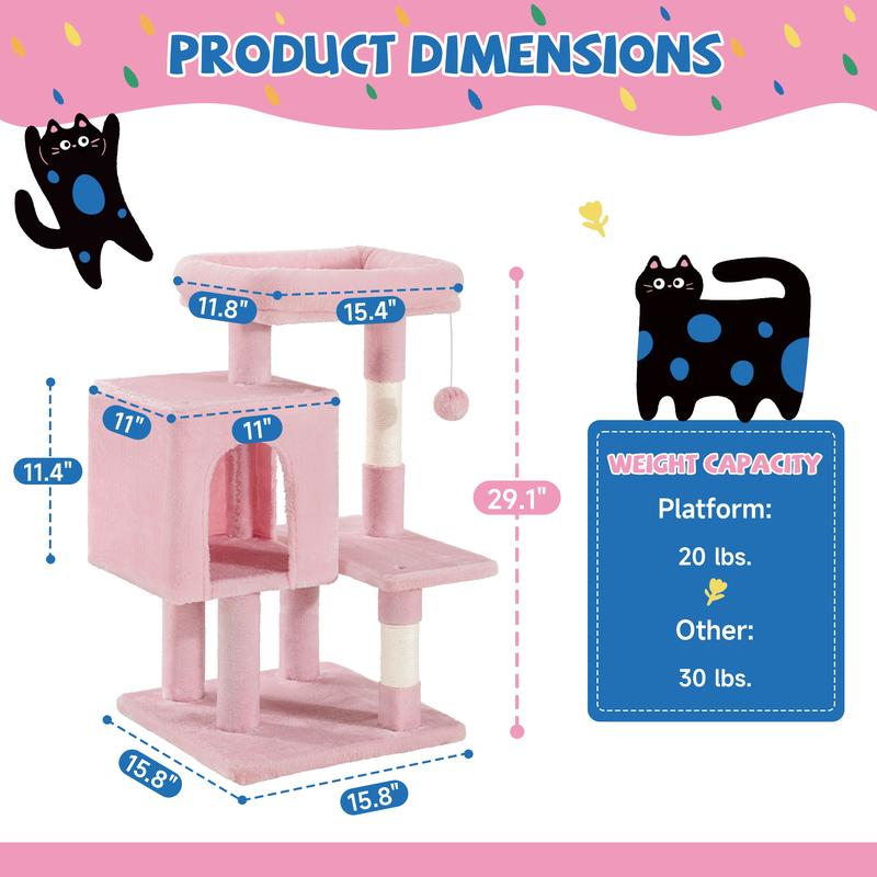 Sha Cerlin 29in Cat Tree Tower - Multi-Level Kitten Condo with Plush Perch, Sisal Scratching Post & Activity House in Beige/Dark Grey/Grey/Pink#ChristmasGifts#TikTokShopBlackFriday