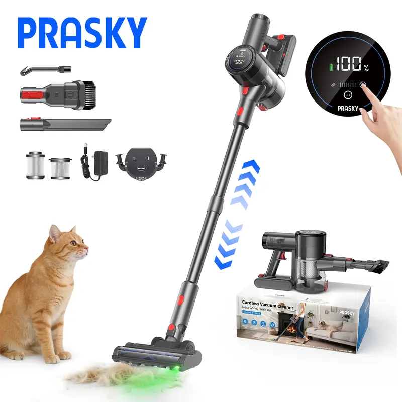 PRASKY Cordless Vacuum Cleaner – Powerful Suction, LED Touchscreen, Self-Standing, 8-in-1 Lightweight Stick Vacuum for Pet Hair, Carpet,Car & Hard Floor, Removable Battery Multifunctional Durable