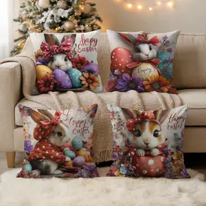 Set of 4, Easter Soft Pillow Cover, 45 × 45 cm/18 "x 18", Cute Rabbit Easter Egg Printed Decorative Cushion Cover
