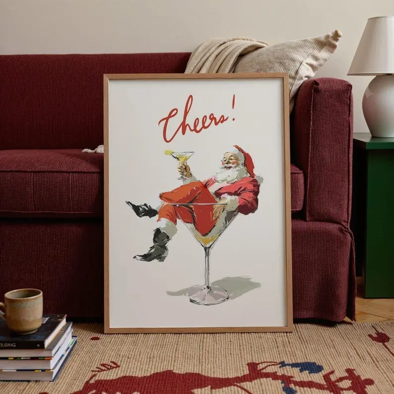 Cheers Santa Claus Poster, Funny Retro Christmas Wall Art, Vintage Holiday Cocktail, Trendy Poster
