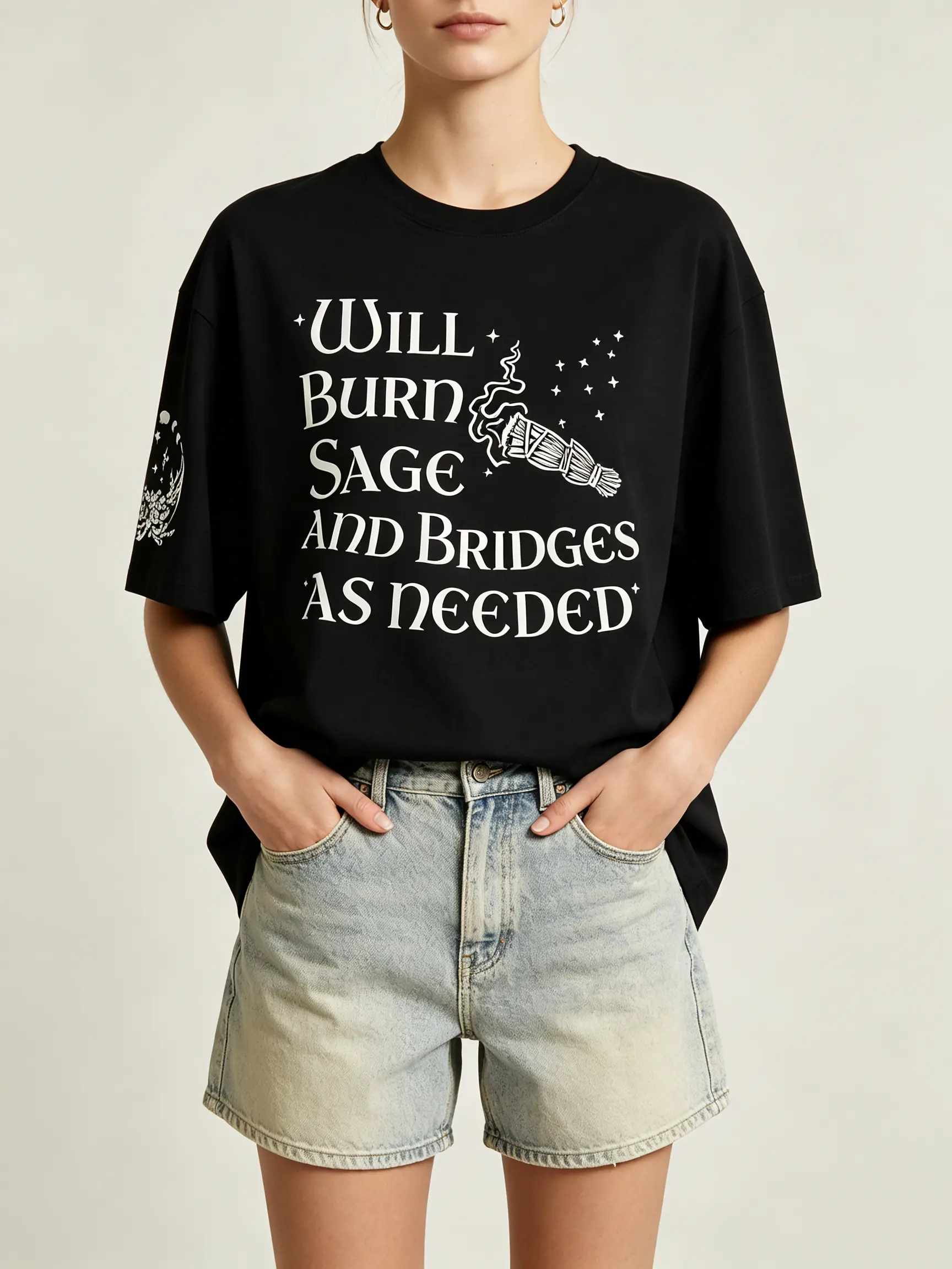 Women's Graphic Print Basic T-Shirt - Witchy Celestial Moon Design, "Will Burn Sage And Bridges As Needed" Slogan, All Seasons Casual Short Sleeve Top for Valentines Day, Thanksgiving