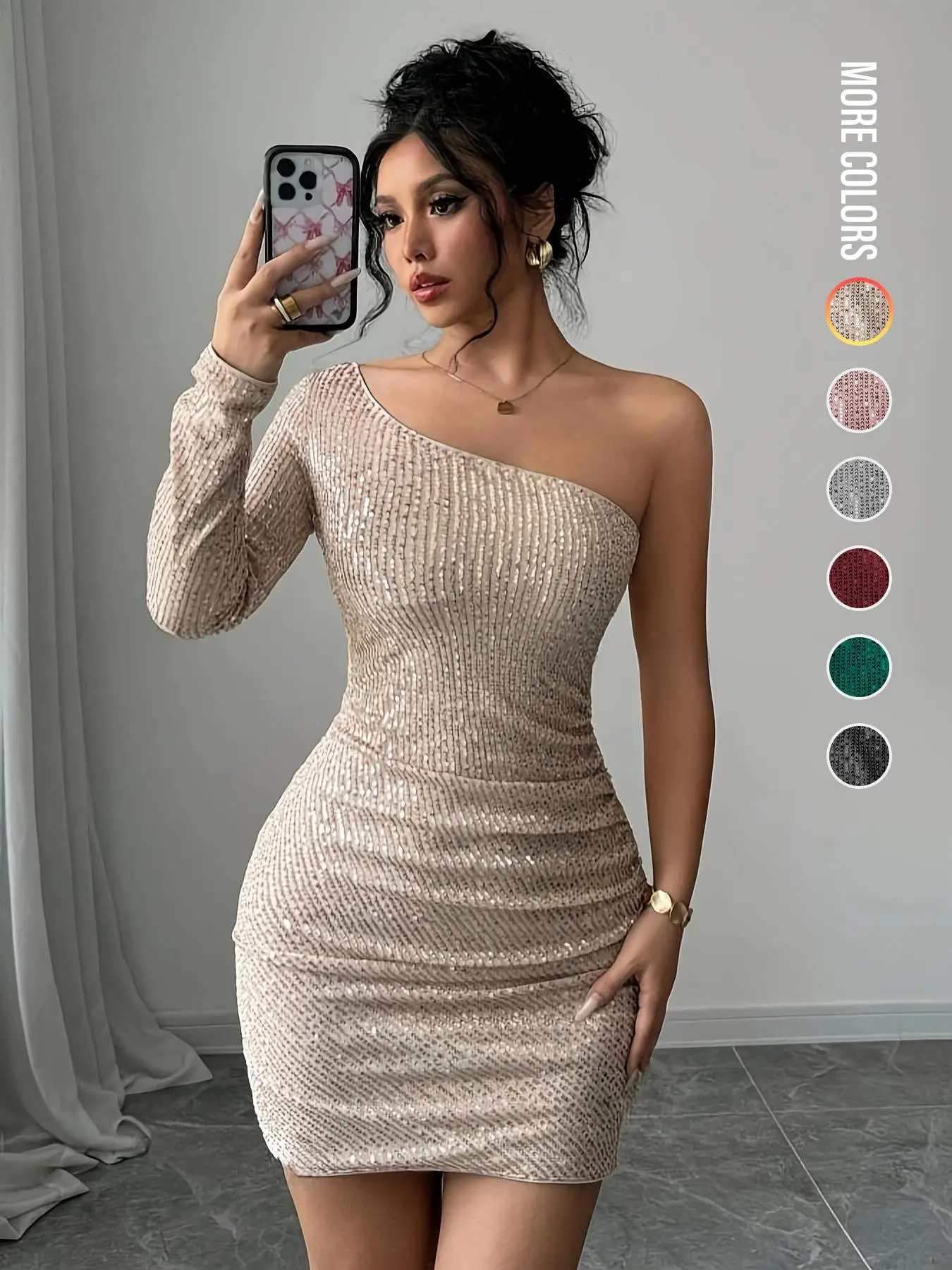 【Back to School Outfits】Women's Off Shoulder Long Sleeve Sequins Bodycon Dress, Elegant Fashion Short Dress for Party Club Dating Wear, Ladies Dress for All Seasons
