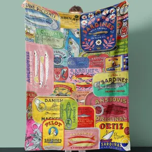 Sardine Fish Blanket Fleece Throw Decor Gift Idea Colorful Housewarming Retro Blanket Couch Throw Best Friend Food Lover Apartment Decor