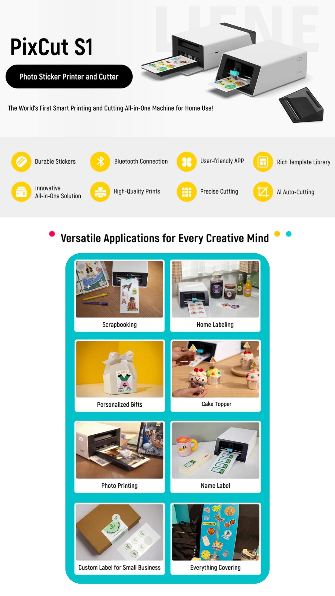 Liene PixCut S1 All-in-One Photo Sticker Printer & Cutting Machine - Bluetooth Thermal Dye-Sublimation Sticker Maker for DIY Crafts & Personalized Gifts, 300 DPI Prints, AI Auto-Cutting, Smart Design App with AI Creation Tools, Valentine's Day Gift