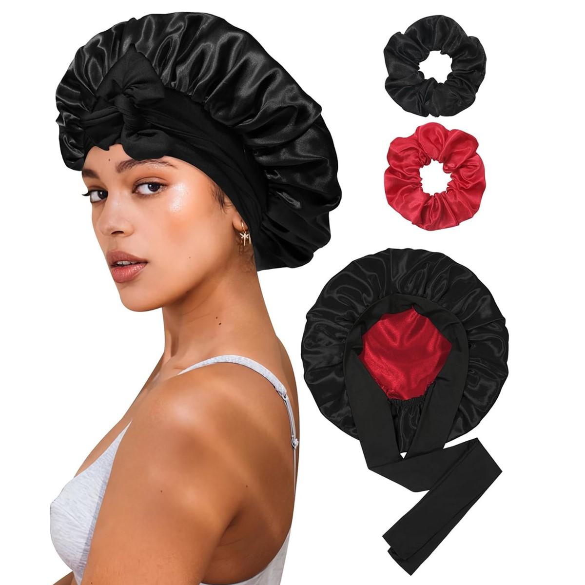 Double Layer Satin Bonnet for Sleeping Cap Women Reversible Hair Bonnets with 2PCS Hair Scrunchies Elastic Tie Band Nightcap Gifts for Women