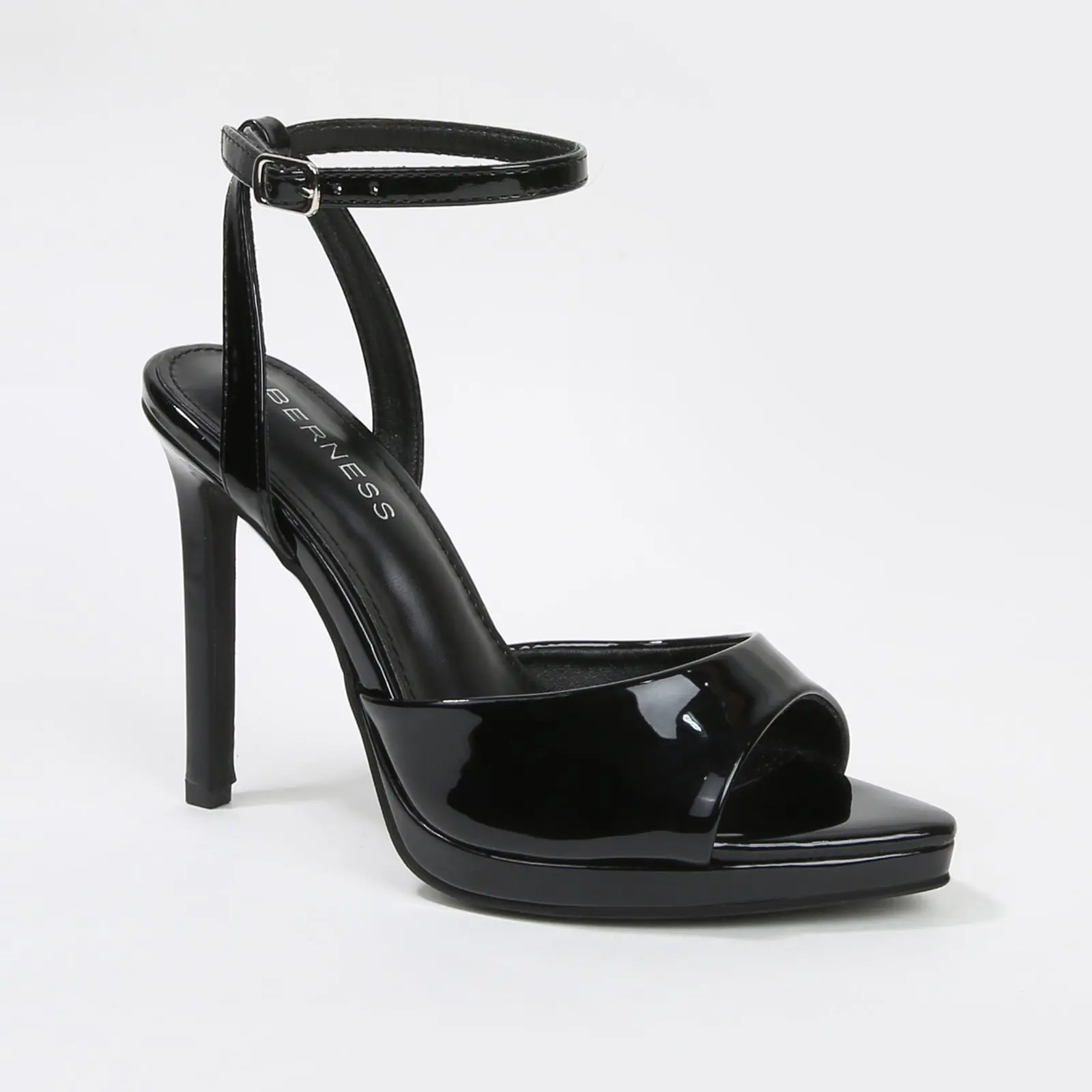 BERNESS Women's Hina High-Shine Patent Leather Ankle Strap Buckle Stiletto Platform Sandal-Shoe - Square Toe, Memory Foam, Elegant Black Heels, Formal Footwear