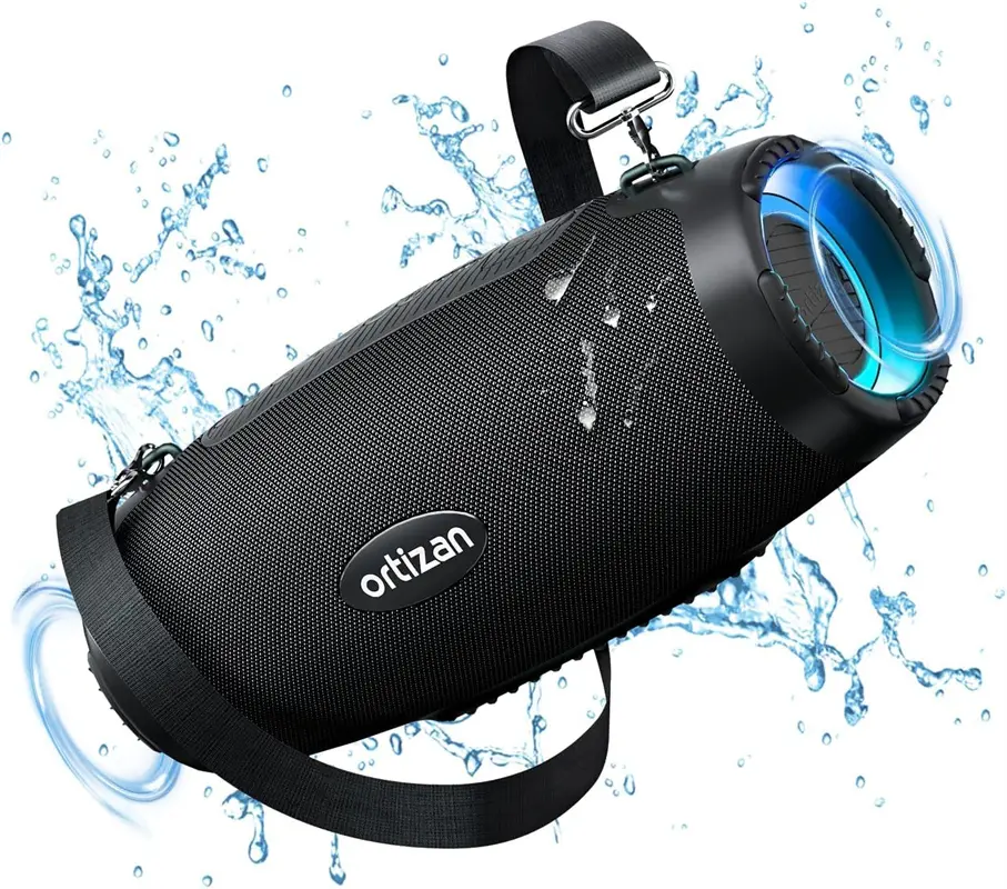 Ortizan 100W Bluetooth Audio Speaker - Plastic, Adjustable, Powerful Sound, Deep Bass, Portable Wireless, IPX7 Waterproof, 12H Playtime, Power Bank, EQ, USB, LED Lights, Streaming for Devices, Outdoor Party/Camping Boombox Weatherproof Loudspeaker System