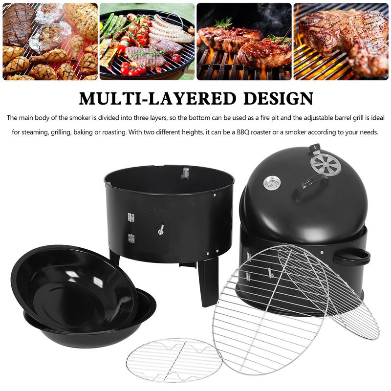 3-in-1 Portable BBQ Smoker Grill - Multi-Layered Detachable Cooker with Thermometer for Outdoor Grilling & Camping