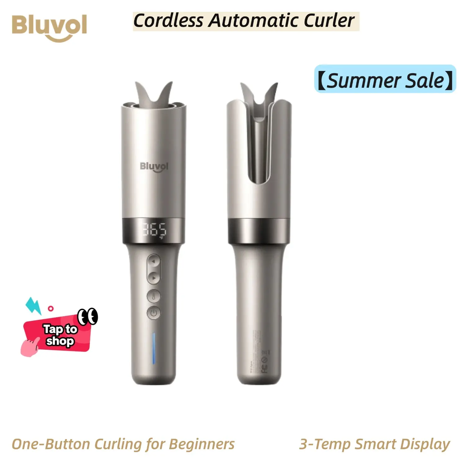 【SummerSale】Bluvol Cordless Automatic Portable Rotating Curling Wand for Beach Waves, Dual Voltage, Rechargeable & Travel-Friendly, Safe Tangle-Free Curler, Gift, Travel Curling Iron, Curly Locks, Frizz, Bouncy Curls